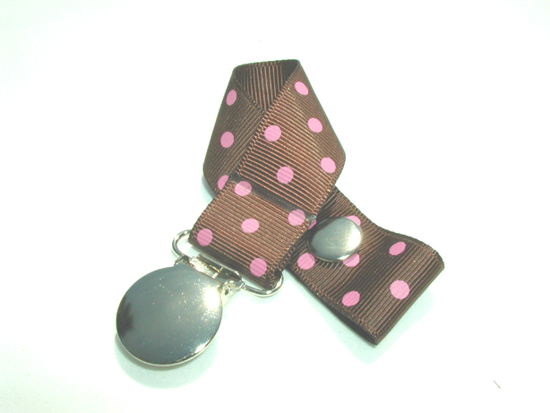 Cappuccino w/ Pink Swiss Dots Pacifier Holder-Cappuccino w/ Pink Swiss Dots Pacifier Holder