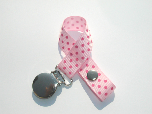 Pearl Pink w/ Pink Mini Swiss Dots Small Pacifier Holder-Pearl Pink w/ Pink  Mini Swiss Dots Small Pacifier Holder