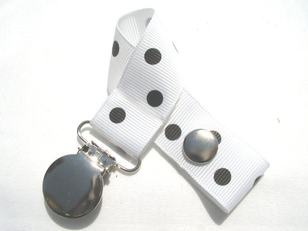 White w/ Black Polka Dots Pacifier Holder-White w/ Black Polka Dots Pacifier Holder
